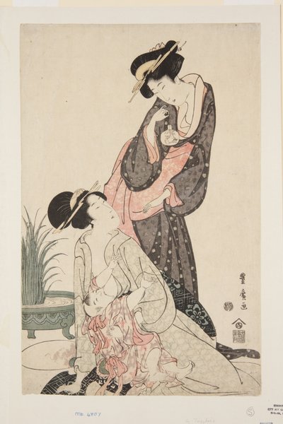 Due donne con pesci rossi e bambino allattato da Utagawa Toyohiro
