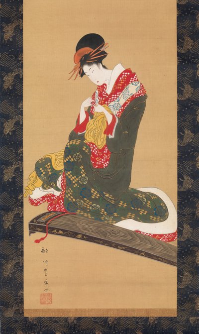 Donna che indossa plettri per suonare il koto, inizio XIX secolo da Utagawa Toyohiro