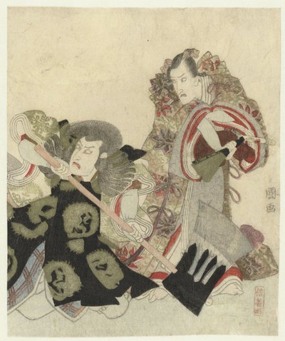 Ichikawa Danjūrō VII come Yoshimune no Munesada con ventaglio e Ichikawa Omezō nel ruolo di Sekibei con ascia da Utagawa Toyokuni (I)