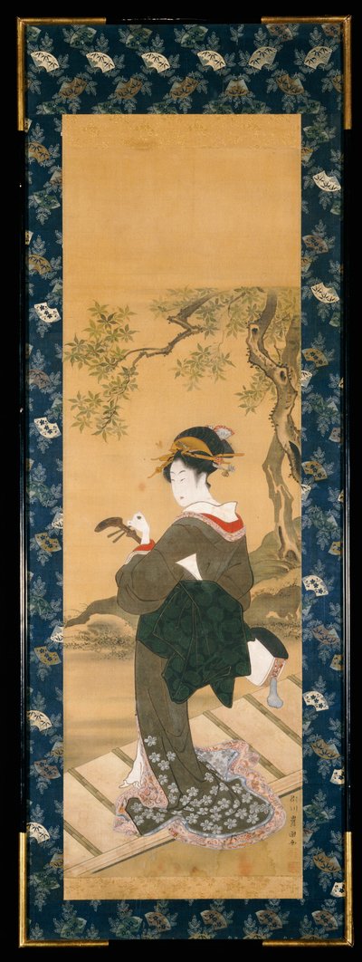 Ritratto a figura intera di una donna che accorda il suo shamisen su una veranda da Utagawa Toyokuni