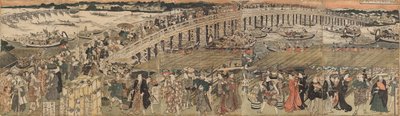 Rinfrescarsi al Ponte Ryogoku a Edo, un Pentaptych (Edo Ryogoku suzumi no zu, gomai tsuzuki) da Utagawa Toyokuni