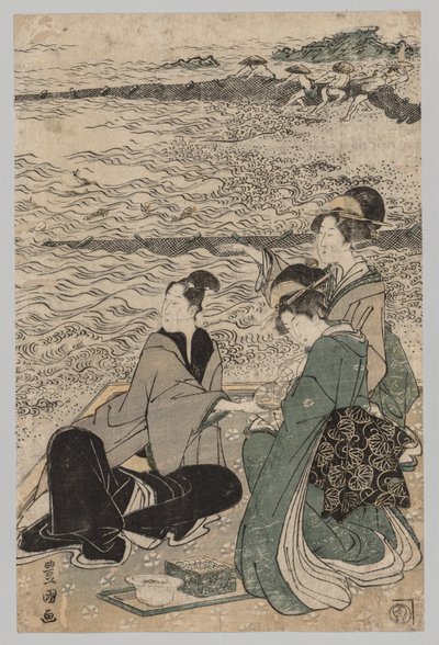 Uomo e due donne sulla riva del mare da Utagawa Toyokuni