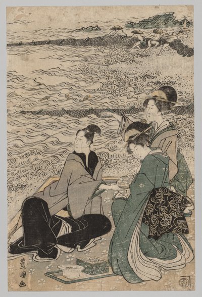 Uomo e due donne sulla riva del mare da Utagawa Toyokuni