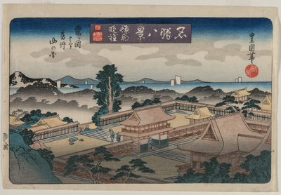 Otto vedute di luoghi famosi: Campana della sera a Kamakura: Le montagne nella provincia di Awa dal Santuario Hachiman a Tsurugaoka da Utagawa Toyokuni II