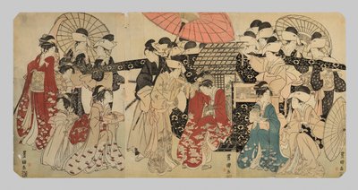 Una principessa in viaggio con i suoi attendenti scende da una portantina da Utagawa Toyokuni I