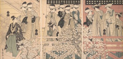 Bellezze su una veranda tra i fiori di ciliegio da cui parte un samurai, ca. 1800 da Utagawa Toyokuni I