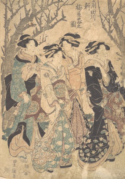 Quattro donne che passano un gruppo di alberi da Utagawa Toyokuni I
