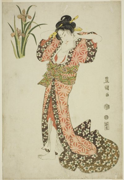 Iris: bellezza che si sistema i capelli, da una serie senza titolo di bellezze e fiori da Utagawa Toyokuni I