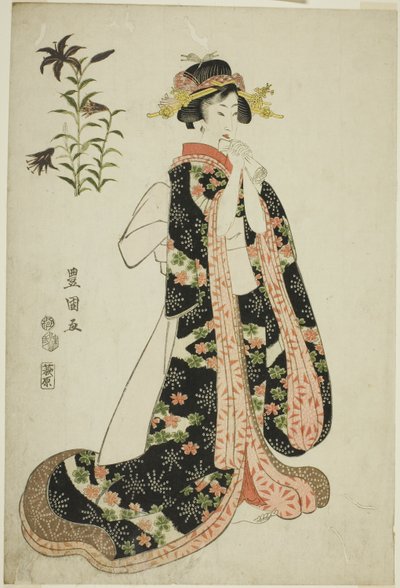 Gigli: giovane donna che tiene una lettera, da una serie senza titolo di bellezze e fiori da Utagawa Toyokuni I