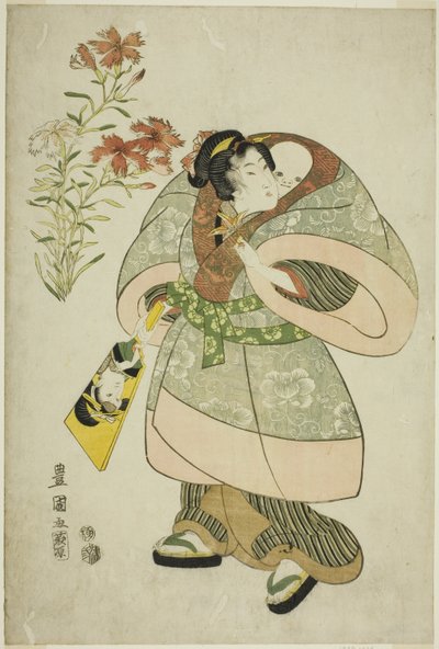 Garofani: infermiera e bambino, da una serie senza titolo di bellezze e fiori da Utagawa Toyokuni I