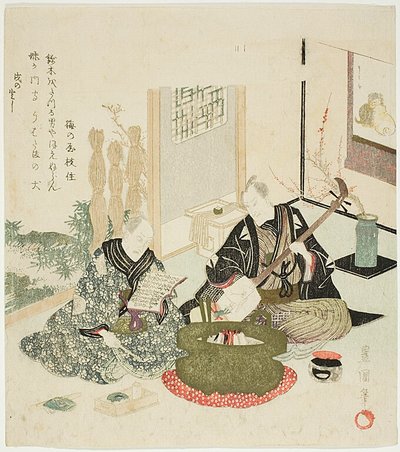 Leggere e suonare lo shamisen in inverno da Utagawa Toyokuni I