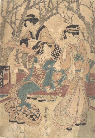 Tre donne che cenano davanti a un gruppo di alberi da Utagawa Toyokuni I