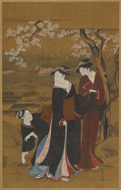 Tre donne sotto un ciliegio in fiore sulla riva del mare, 1769-1825 da Utagawa Toyokuni I