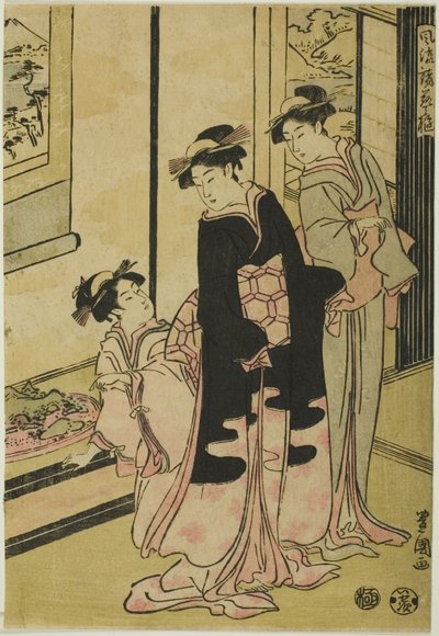 Donne che osservano un paesaggio in miniatura, dalla serie "Furyu moro hanami uwari" da Utagawa Toyokuni I