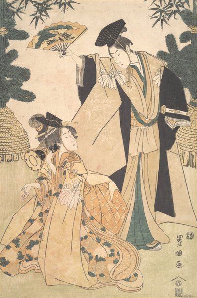 Giovane Donna con Tamburo e Uomo con Ventaglio che la Saluta da Utagawa Toyokuni I