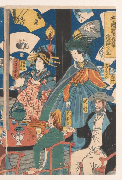 Stranieri durante un banchetto al Gankiro teahouse da Utagawa Yoshiiku