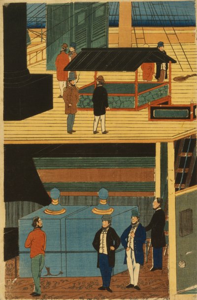 Un piroscafo americano con un gruppo di passeggeri sotto coperta e attività sul ponte da Utagawa Yoshikazu