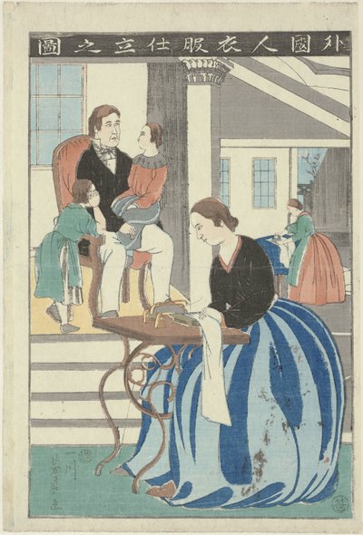 Donna occidentale dietro una macchina da cucire da Utagawa Yoshikazu
