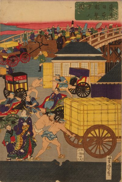 Sezione fiorente di Nihonbashi a Tokyo. Tokyo Nihonbashi han ei no zu Trittico da Utagawa Yoshitora