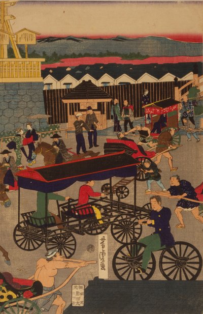 Sezione fiorente di Nihonbashi a Tokyo. Tokyo Nihonbashi han ei no zu Triptych da Utagawa Yoshitora