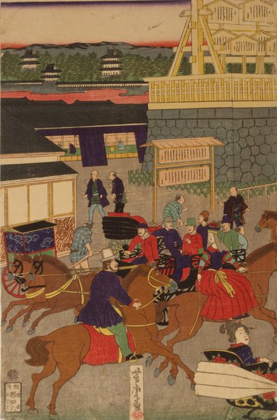 Sezione fiorente di Nihonbashi a Tokyo. Tokyo Nihonbashi han ei no zu trittico da Utagawa Yoshitora
