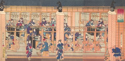 Macchina per la filatura della seta importata a Tsukiji a Tokyo da Utagawa Yoshitora