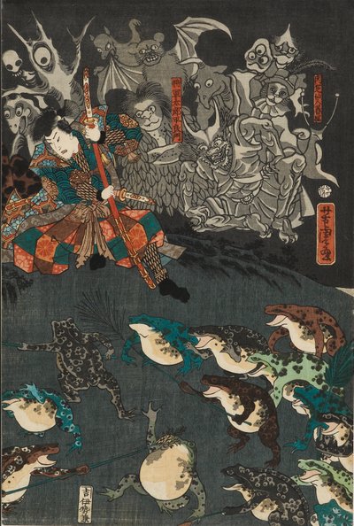 Nikushi lo spirito della rana evoca una battaglia magica di rane a Tateyama nella provincia di Etchu, 1864 da Utagawa Yoshitora