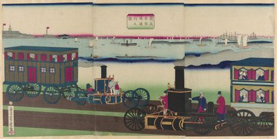 Immagine di locomotive a vapore in viaggio (Jokisha rikudo tsuko no zu) da Utagawa Yoshitora