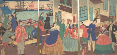 Vista di mangiare e bere da persone di cinque paesi, 1861, 12° mese da Utagawa Yoshitora