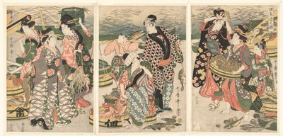 Vista del mercato del pesce sulla spiaggia di Shiba da Utamaro (II) , Kitagawa