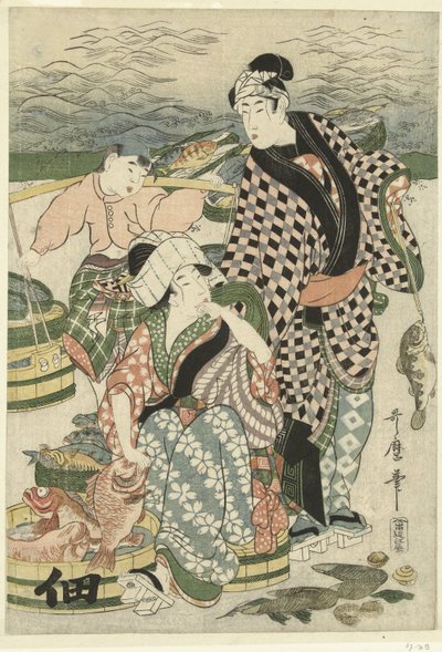 Vista del mercato del pesce sulla spiaggia di Shiba da Utamaro (II) , Kitagawa