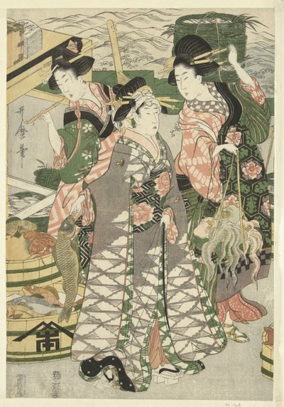 Veduta del mercato del pesce sulla spiaggia di Shiba da Utamaro (II) , Kitagawa