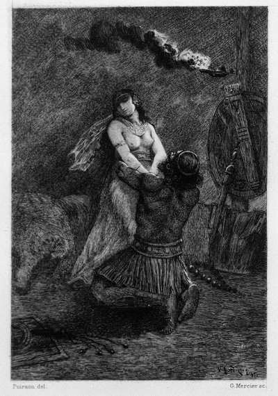 Era in ginocchio, sul pavimento, davanti a lei. Illustrazione di V.A. Poirson (1890) per il romanzo "Salammbo" di Gustave Flaubert, ambientato durante la guerra dei mercenari al tempo della prima guerra punica (246-241 a.C.) tra Romani e Cartaginesi da Victor Armand Poirson
