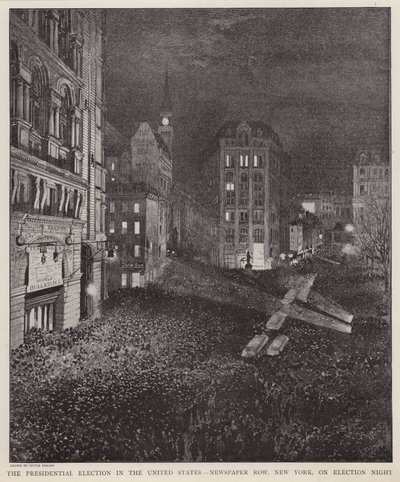 Newspaper Row, New York City, la notte delle elezioni presidenziali degli Stati Uniti, 8 novembre 1892 da V. Perard