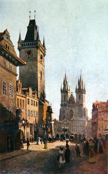 Vista di Staromestsky Rynk con il Municipio e la Chiesa di Nostra Signora prima di Tyn, da 