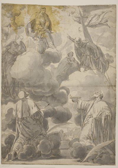 La Vergine e il Bambino tra le nuvole circondati da angeli e santi Cosma e Damiano, Cecilia, Secondo e Marina da Valentin Lefèvre