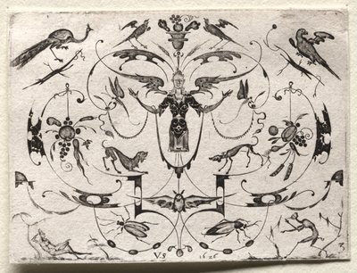 Arabesco con pavone, parrocchetto, cani e insetti, 1626 da Valentin Sezenius