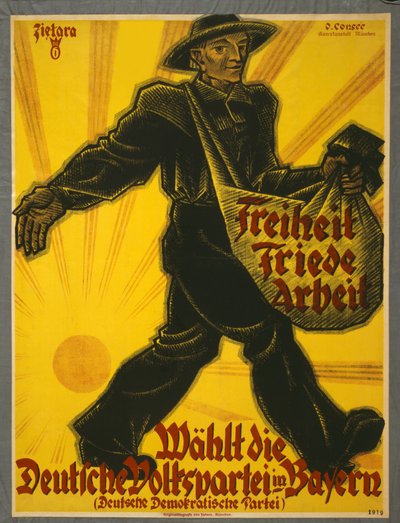 Freiheit, Friede, Arbeit, Wählt die Deutsche Volkspartei in Bayern, pub. Monaco, 1919 da Valentin Zietara