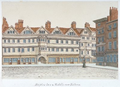 Veduta di Staple Inn e degli edifici di Middle Row al centro di Holborn, Londra, 1850 da Valentine Davis