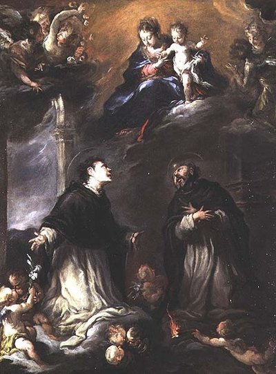 Madonna col Bambino che appare a due santi domenicani da Valerio (circle of) Castello