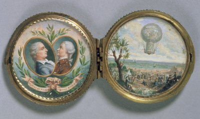 Miniatura di J.F. Pilatre e Pierre Romain con una scena della loro ascesa in mongolfiera, 1784 da Van Blarenberghe