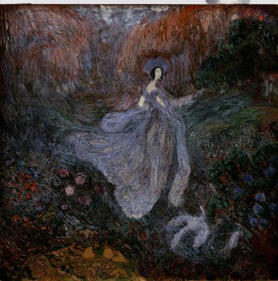 Mattina. Una donna vestita di veli cammina verso un uccello a terra, in un giardino fiorito. Opera di Vasili Dmitrievich Millioti (1875-1943), acquerello, gouache e inchiostro su carta da Vasili Dmitrievich Millioti