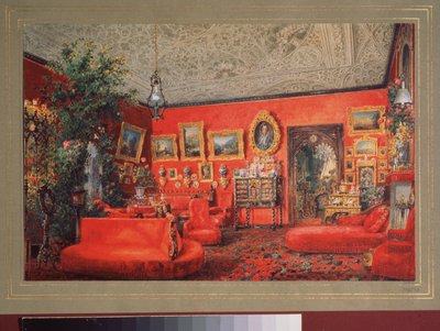 La sala di soggiorno rossa nel palazzo Yusupov a San Pietroburgo da Vasili Semenovich Sadovnikov