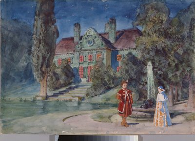 Scenografia, un giardino davanti a una casa, per l