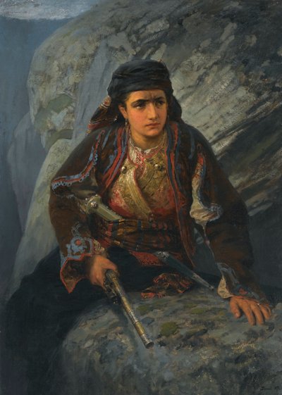 "La vedetta" Giovane donna che fa la vedetta con una pistola in mano - Dipinto di Vassili Polenov (1844-1927) da Vasilij Dmitrievich Polenov