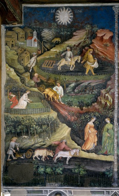 Aprile: aratura e semina dei campi. Scena agricola con aratro, erpice e attrezzi agricoli in campagna da Venceslao Maestro