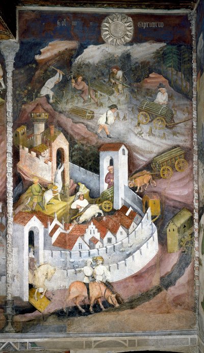 Dicembre: i boscaioli raccolgono la legna e la riportano nella città di Trento dove sono rappresentati il muro e il castello del Buonconsiglio da Venceslao Maestro