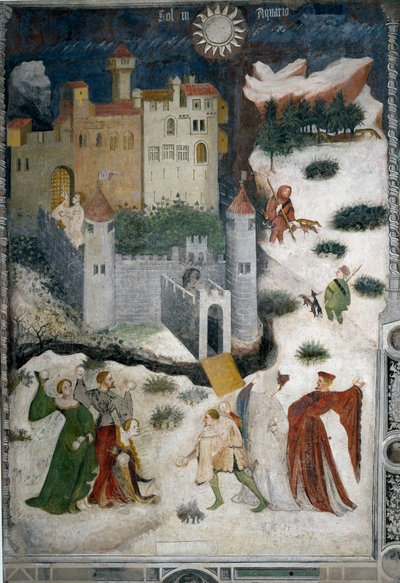 Mese di gennaio: paesaggio innevato con aristocratici e cacciatori da Venceslao Maestro