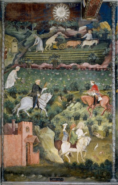 Settembre: Caccia al falcone e aratura dei campi. Scena agricola con carro trainato da buoi e attrezzi agricoli. Maestro dei Mesi o Maestro Wenceslao (inizio del XV secolo) da Venceslao Maestro