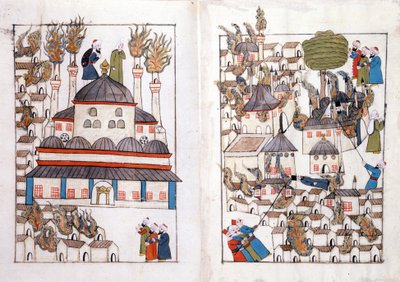 Un incendio a Costantinopoli nel 1660. Miniatura da "Memorie Turche" (codice Cicogna 1971 "Memorie Turchesche") Acquerello della scuola veneziana del XVII secolo. da Venetian School